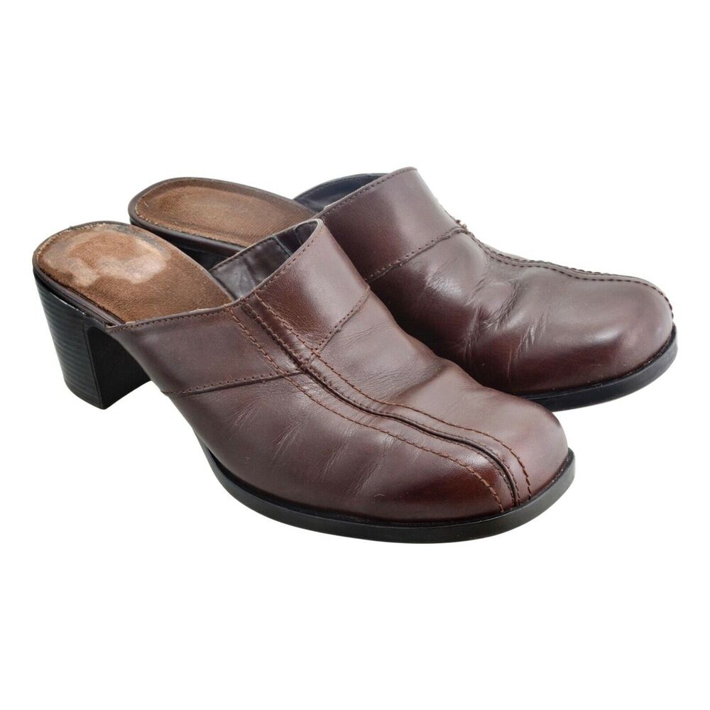 Clarks Women's 7.5 M Leather Slip On 79689 Mules Clogs Shoes Brown
